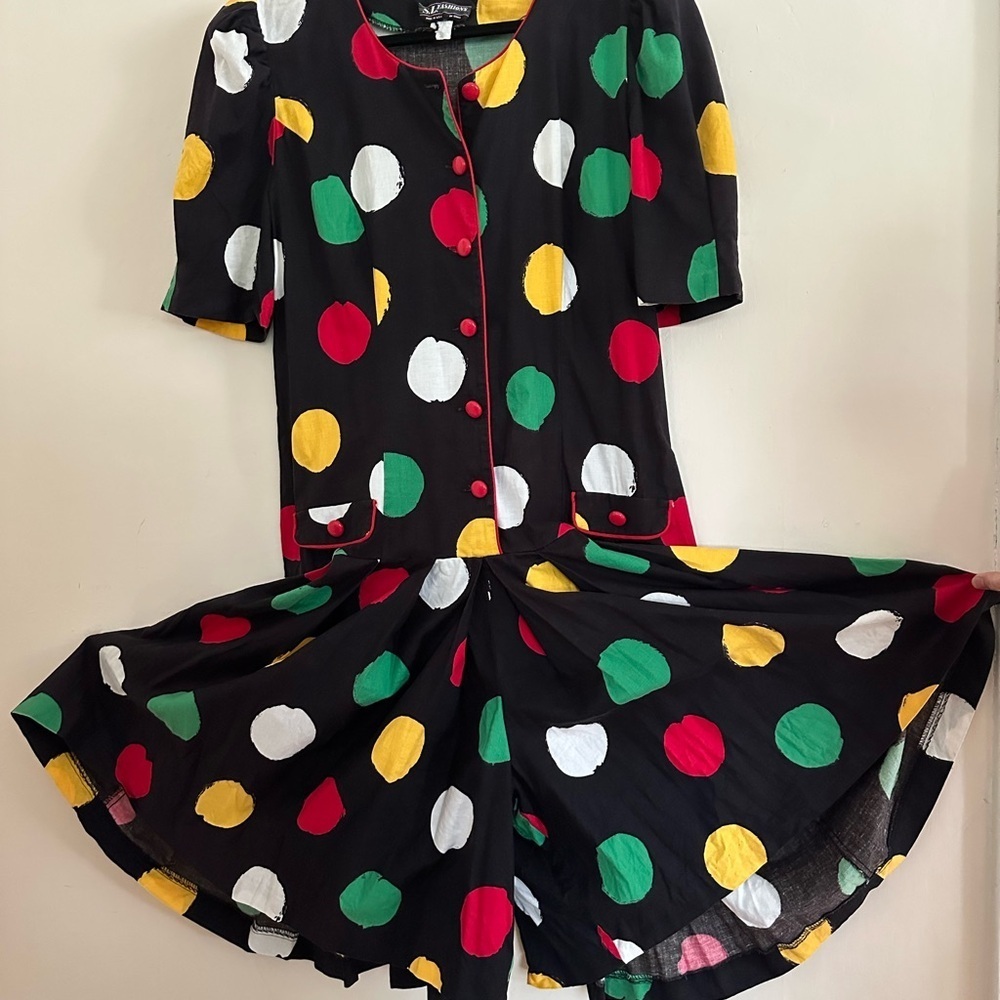 Vintage 90s Romper One-Piece Skort Black Polka Dot Size L/XL Bright Loud - Picture 11 of 12